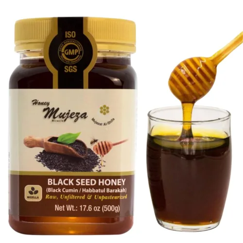 Vista 6 de Mujezat Al-Shifa - Paquete de 3 Miel de Semilla Negra - No Mezclada con Aceite o Polvo - Sin Gluten - Sin OGM - Miel Orgánica - Potenciador Inmune