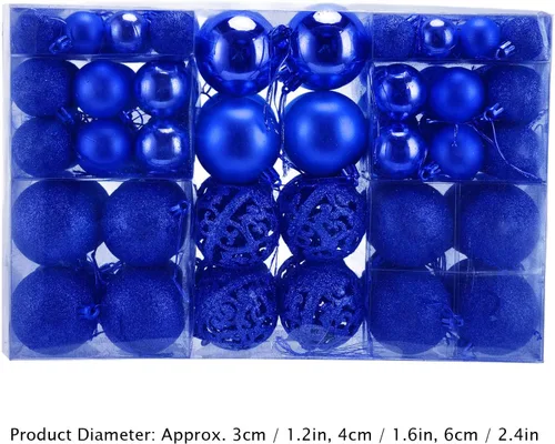 Vista 4 de Juego de 100 adornos de bolas de Navidad, decoraciones colgantes de temporada, bolas de Navidad de plástico inastillables, juego a granel para Azul