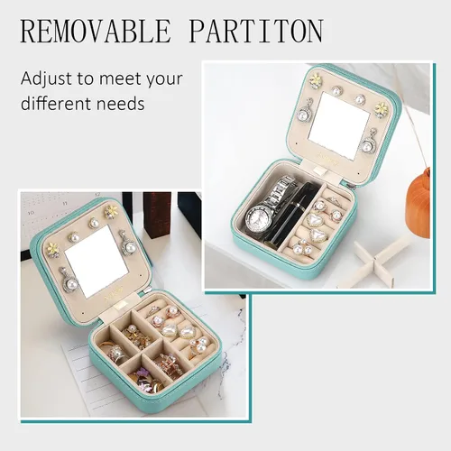 Vista 6 de Ailvy Organizador de joyas de viaje con espejo, joyero pequeño, portátil, estuche de joyería para aretes, anillos, collares, pulseras, regalo