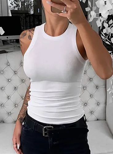 Vista 3 de SANDERY Camisetas sin mangas para mujer, de verano, básicas, de punto delgado, acanaladas, con espalda cruzada