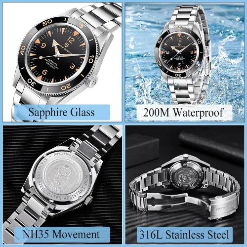 Vista 3 de Pagani Design Relojes para hombre, Japón NH35, movimiento automático, acero inoxidable, 1.614 in, cristal de zafiro, resistente al agua, para hombre