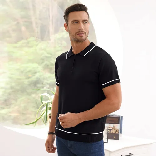 Vista 2 de Polo de manga corta para hombre, ajuste regular, informal, de punto sólido, con cremallera de un cuarto, para golf