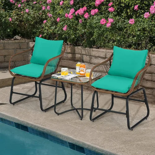 Vista 4 de COSTWAY Juego de 3 piezas de ratán para patio, silla acolchada, cubierta de mesa de cristal, turquesa