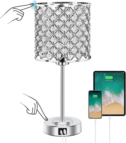 Vista 17 de Lámpara de mesa de cristal, lámpara táctil púrpura con puerto USB C+A Púrpura-1