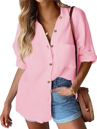 Vista 12 de HOTOUCH Camisa de manga larga con botones de lino para mujer, blusa de algodón casual, holgada, con cuello, para trabajo, de gasa, con bolsillo