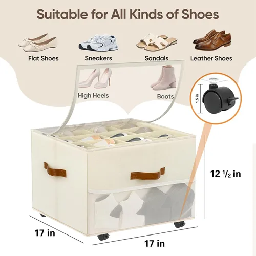 Vista 4 de Organizador de zapatos para armario con ruedas, caja organizadora plegable de almacenamiento de zapatos, divisores ajustables, paquete de 2, caja