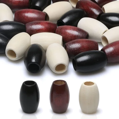 Vista 10 de Woodeni - 160 piezas de cuentas de madera ovaladas de 17 x 14 mm en Beige, Café, Marrón y Negro, cuentas de madera de barril con agujero grande