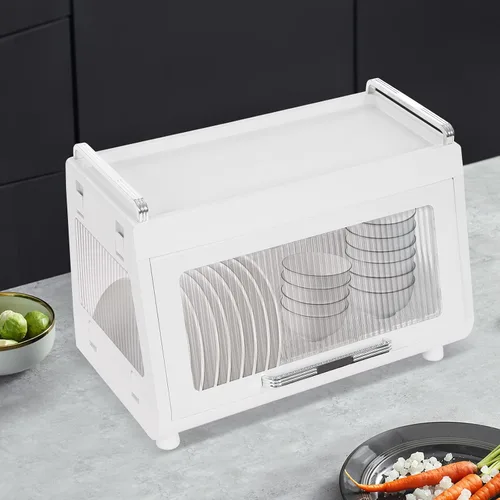 Vista 13 de Escurridor de platos de 2 niveles, escurridor de platos de cocina con cubierta de tapa, soporte pequeño de plástico para utensilios de cocina