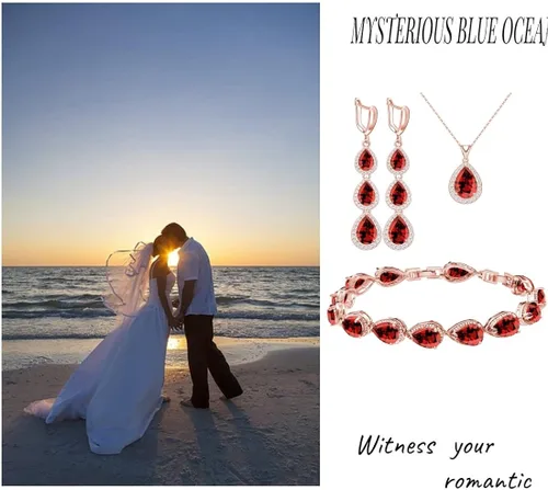 Vista 3 de LMXXVJ Juego de collar y aretes largos, chapados en oro blanco, juego de joyas de zafiro azul creado, joyería de regalo para boda, fiesta, joyería