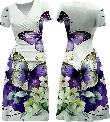 Vista 2 de Vestido ajustado con cuello en V para mujer, manga corta, fruncido, cintura alta, vestido midi lindo estampado floral de mariposas
