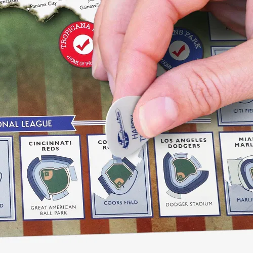 Vista 2 de Map Your Travels Ballpark Travel Quest Scratch Off Map Print Incluye tubo de envoltura de regalo Incluye herramienta para raspar