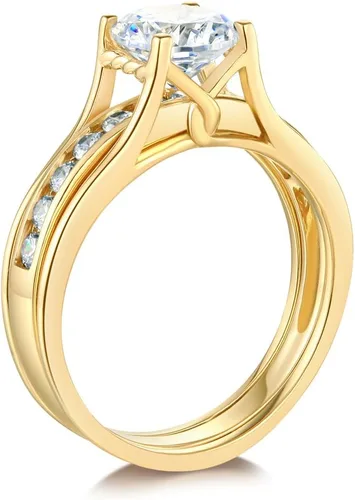 Vista 2 de TWJC 14k Yellow OR White Gold Solid Engagement Ring & Wedding Band Set