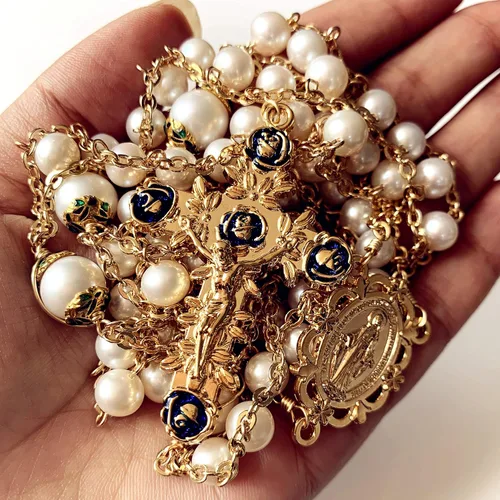 Vista 2 de elegantmedical Hecho a mano 18K chapado en oro de la escalera al cielo perla y perlas reales AAA10mm collar de crucifijo rosario católico, Perla