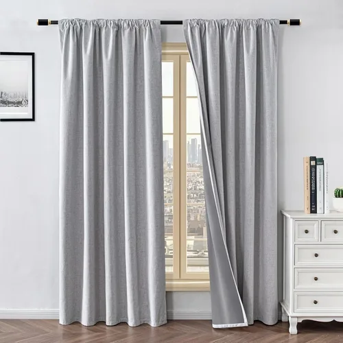 Vista 9 de Cortinas 100% opacas para sala de estar, juego de 2 paneles de 96 pulgadas, bloqueo de luz, pestaña trasera y bolsillo para barra, cortinas