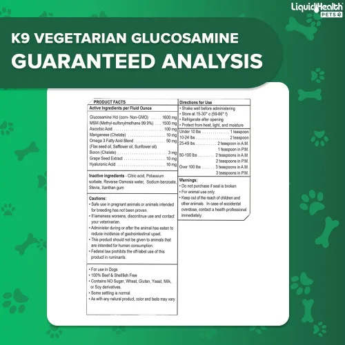 Vista 6 de LIQUIDHEALTH Glucosamina líquida vegetariana K9 de 32 onzas para todos los perros, condroitina, MSM, Omega 3, ácido hialurónico antioxidantes, salud