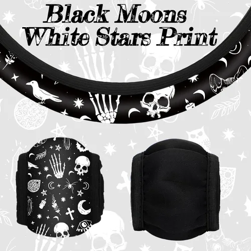 Vista 8 de Juego de 4 piezas de accesorios para auto con estampado de lunas negras y estrellas blancas, funda para volante con estampado de lunas negras