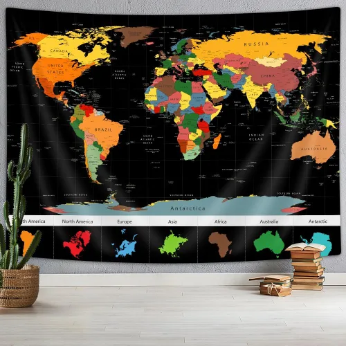 Vista 3 de Xguatan Tapiz de mapa del mundo para niños y estudiantes, mapa del mundo vintage, países educativos, ciudades, tapiz colgante de pared para aula