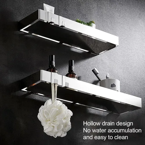 Vista 3 de Wallmounted Bathroom Shelf Floating Organizer with Hooks for Toiletries & Cosmetics 2Tier Black Rectangular Storage Rack for Shower & Kitchen