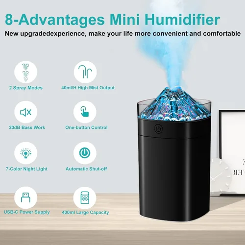 Vista 2 de Humidificador pequeño portátil, humidificador de niebla fría de 13.5 fl oz para dormitorio, humidificador de escritorio alimentado por USB con luz