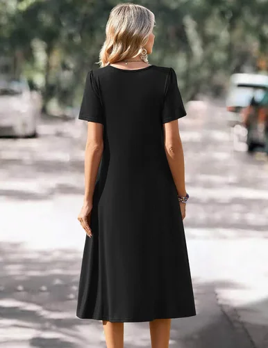 Vista 6 de Zeagoo Vestido de verano para mujer, casual, floral, midi, con bolsillos, cuello en V, plisado, manga corta, estilo alineado, para vacaciones