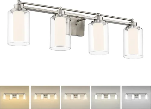 Vista 25 de HWH - Lámpara de tocador cromada con 5 luces sobre espejo, lámpara de pared moderna para baño, 37 pulgadas, acabado cromado, 5HLT63B-5W CH