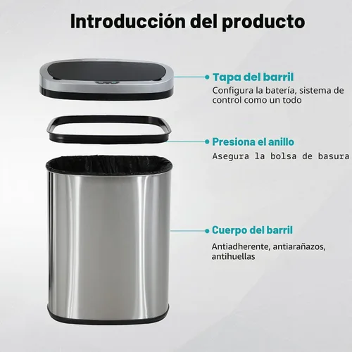 Vista 5 de PayLessHere Cubo de basura de 13 galones / 50 litros de acero inoxidable sin contacto, cubo de basura de forma ovalada para oficina, cubo de basura