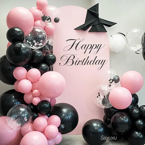 Vista 6 de Kit de arco de globos rosa y negro, kit de arco de guirnalda de globos negros y rosados, globos de látex de corazón macarrón, globo de confeti