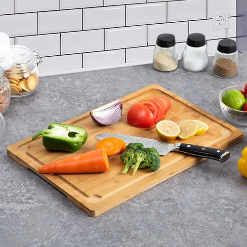 Vista 4 de Tabla de cortar extragrande, tablas de cortar de bambú de 16 pulgadas para cocina con ranura para jugo y asas, tabla de cortar de cocina para tabla