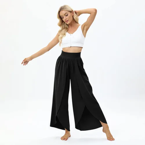 Vista 4 de Pantalones de pierna ancha con abertura y vuelo para mujer, pantalones de yoga de cintura alta, pantalones de pilates hippie, estilo bohemio, playa