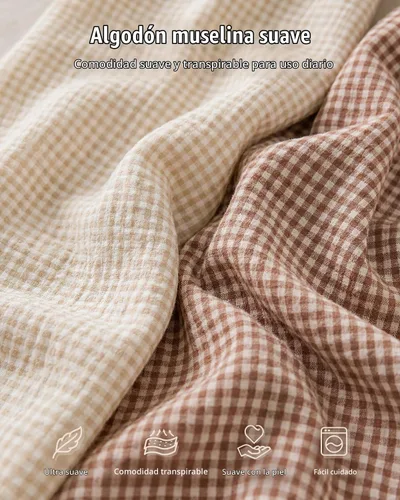 Vista 3 de Blissful Diary Sábanas de muselina para cuna, paquete de 2, cuadros beige y Gingham beige y guingán marrón