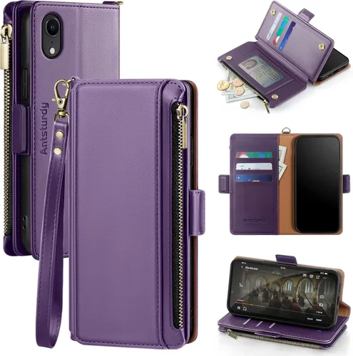 Vista 12 de Antsturdy Funda compatible con iPhone XR tipo cartera para mujer, bloqueo RFID, de piel sintética, funda cruzada para teléfono, con cremallera