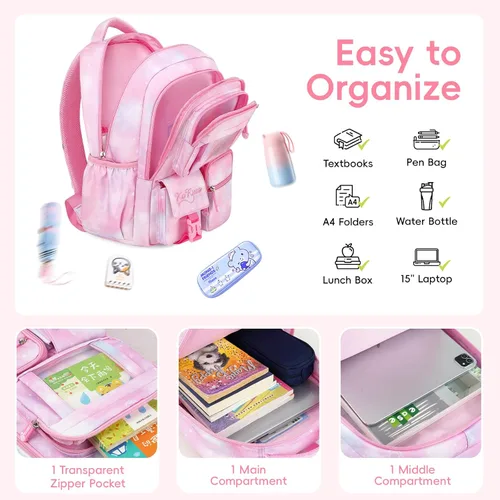 Vista 6 de Tanou Mochila con lonchera para niñas, Rosado, Juego de mochila escolar para niña