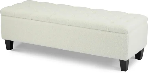 Vista 5 de Christopher Knight Home Ottilie Boucle Fabric Storage Ottoman Bench, Wooden Rectangular Ottoman with Storage, Bedroom End of Bed Foot Stool Beige