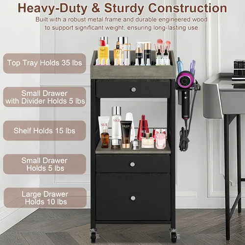 Vista 7 de Carrito organizador de maquillaje con 3 cajones, carrito de almacenamiento de cosméticos rodante con divisores ajustables, soporte de herramientas