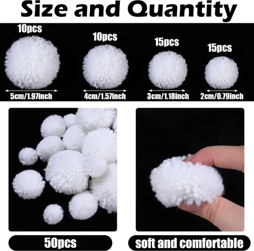 Vista 7 de Geosar 50 pompones blancos peludos para manualidades de invierno, varios