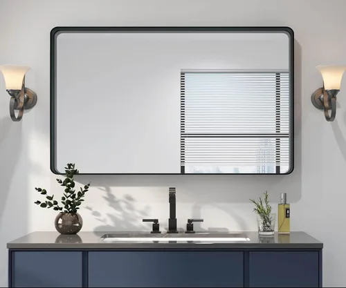 Vista 7 de Espejo de baño moderno con marco negro para pared, espejo redondo rectangular de 30 x 22 pulgadas, espejo de tocador de baño negro mate, espejo