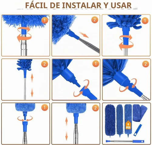 Vista 4 de Plumeros profesionales de microfibra para limpieza, 6 plumeros extensibles y flexibles con poste telescópico de 100 pulgadas, kit de limpieza
