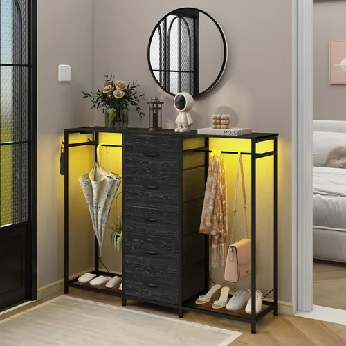 Vista 6 de Espelism Cómoda para dormitorio con perchero, cómoda de 5 cajones con estación de carga, luces LED, cómoda blanca, estante flexible y espacio