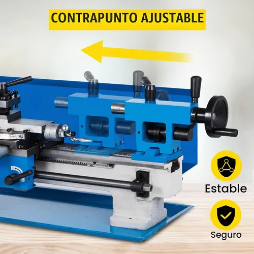 Vista 8 de VEVOR Torno de metal 7"x12", mini torno de mesa de precisión, 550W, velocidad variable de 50 a 2500 RPM, engranaje de nylon, lámpara móvil