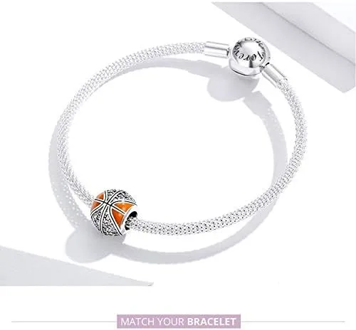 Vista 5 de Abalorio de cuentas de voleibol de plata de ley 925 con cuentas deportivas, pulsera original (personaje de baloncesto naranja)
