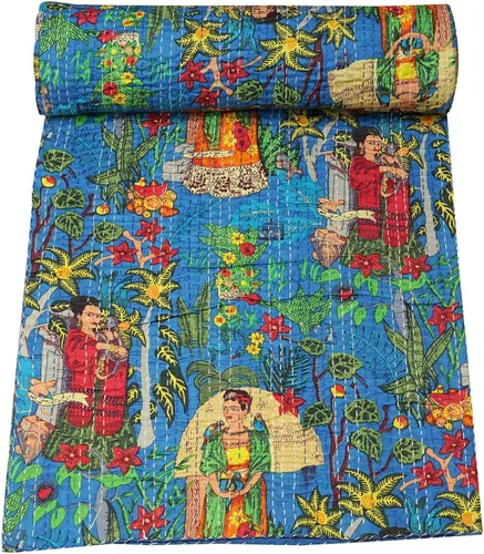 Vista 13 de Marubhumi Colcha de algodón puro Kantha con diseño tradicional indio de Farida (beige, individual (60 x 90 pulgadas)