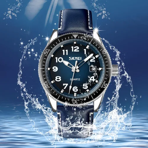Vista 3 de SKMEI Mens Watches Waterproof Fashion BusinessAuto DateEasy to Read Reinforced Leather Strap Quartz Movement Wrist Watch for Men Black