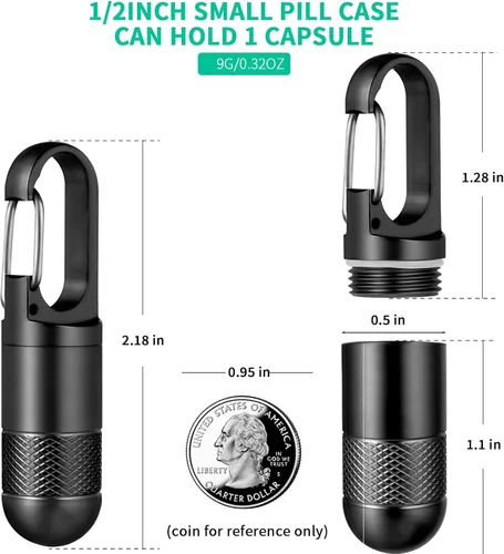 Vista 5 de Llavero micro pastillero de titanio para monedero, pequeño contenedor de píldoras, pastillero negro, organizador de botellas de medicina, suplemento