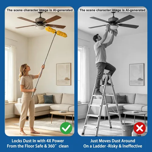 Vista 4 de Mango extensible de 6 pies con 18 repuestos, compatible con Swiffer, kit de repuestos de plumero resistente de 360° para limpieza, oficina