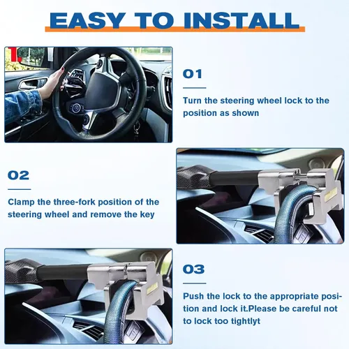 Vista 4 de Cerradura de volante con alarma, dispositivo de seguridad antirrobo de alta resistencia para automóviles, camiones y SUV, incluye 2 llaves (negro)