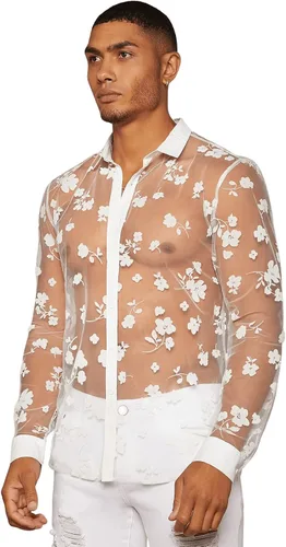 Vista 4 de Floerns Camiseta de manga larga transparente con botones y cuello frontal para hombre