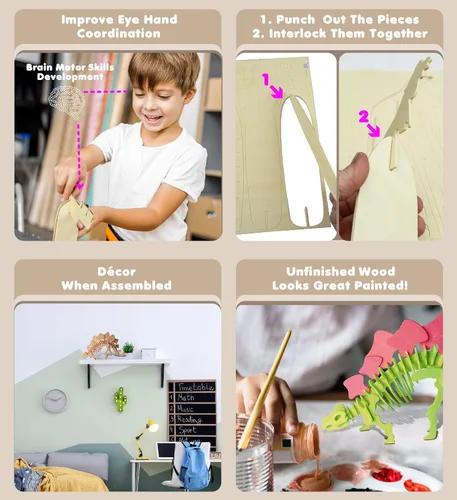 Vista 3 de Puzzled Rompecabezas 3D Estegosaurio Dinosaurio Madera Artesanía Kit de Modelo de Construcción Divertido y Educativo DIY Juguete de Dino de Madera