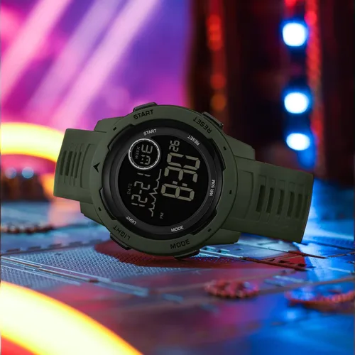 Vista 2 de findtime Reloj deportivo digital rojo para hombre, reloj para hombre, táctico, militar, 5ATM, resistente al agua, para hombre, con luz LED, alarma