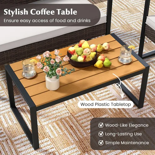 Vista 7 de Tangkula Juego de muebles de patio de 4 piezas, juego de conversación de ratán para exteriores con sillas acolchadas y mesa de centro de plástico
