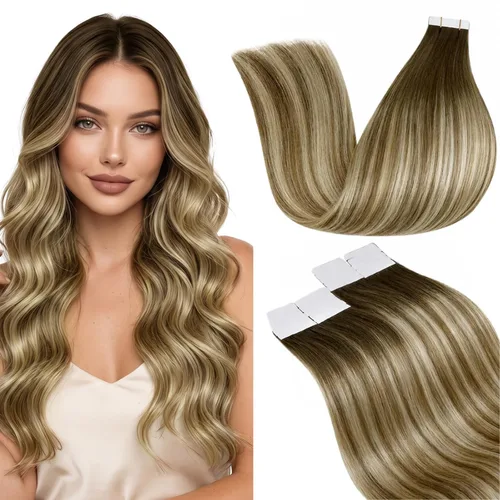 Vista 99 de LaaVoo - Extensiones de cabello humano con cinta adhesiva, color marrón a rubio ceniza, extensiones de cabello humano real, cintas en extensiones